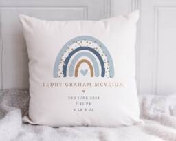 Personalised New Baby Cushion, Boy Gift, Welcome Boy, Rainbow Nursery Decor, Pillow, Name & Birth Details