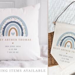 Personalised New Baby Cushion, Boy Gift, Welcome Boy, Rainbow Nursery Decor, Pillow, Name & Birth Details - thumbnail 3