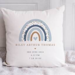 Personalised New Baby Cushion, Boy Gift, Welcome Boy, Rainbow Nursery Decor, Pillow, Name & Birth Details - thumbnail 2