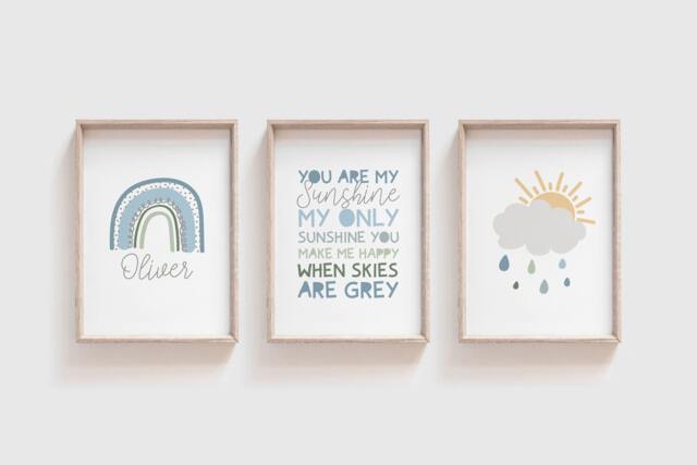 Set Of 3 Boys Nursery Prints, Rainbow Wall Art, You Are My Sunshine Bedroom, Quotes, Playroom Prints - image 1