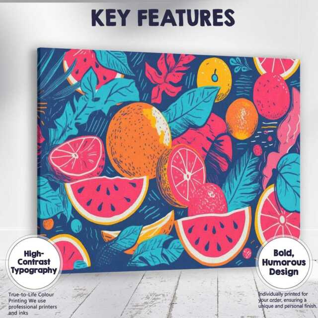 Bold Tropical Citrus & Watermelon Pop Art Canvas Wall Print Decor Picture Ready To Hang - image 1