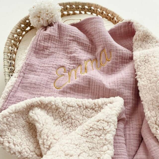 Faux Fur Baby Blanket Pink Powder With Pompom - image 1