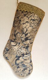 Luxury Christmas Stocking Fortuny Fabric Midnight Blue & Silvery Gold Dandolo Pattern - Made in Italy