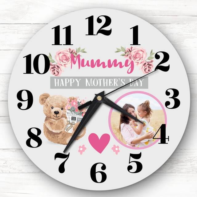 Mummy Mother's Day Gift Bear Photo Grey Personalised Clock - image 1