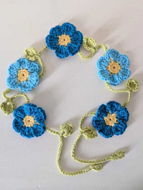 Hand Crochet Blue Flowers Bunting, Garland Home Decoration, Forget-Me-Nots Wall Nursery Party/Wedding Decorations - image 1