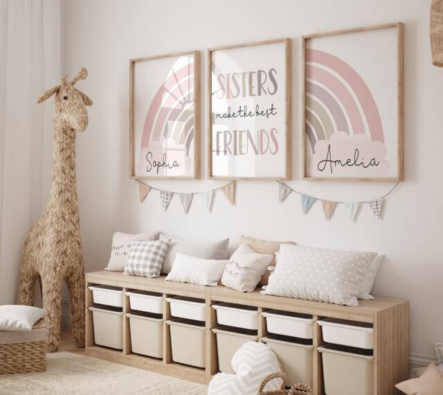 Sisters Room Wall Art - Set Of 3 Boho Prints in Pink Pastel Sibling & Best Friend Posters Girls Bedroom Or Twin Decor - image 1