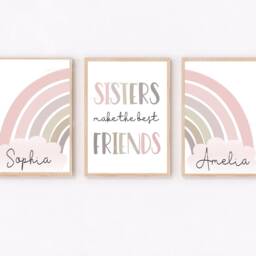 Sisters Room Wall Art - Set Of 3 Boho Prints in Pink Pastel Sibling & Best Friend Posters Girls Bedroom Or Twin Decor - thumbnail 2