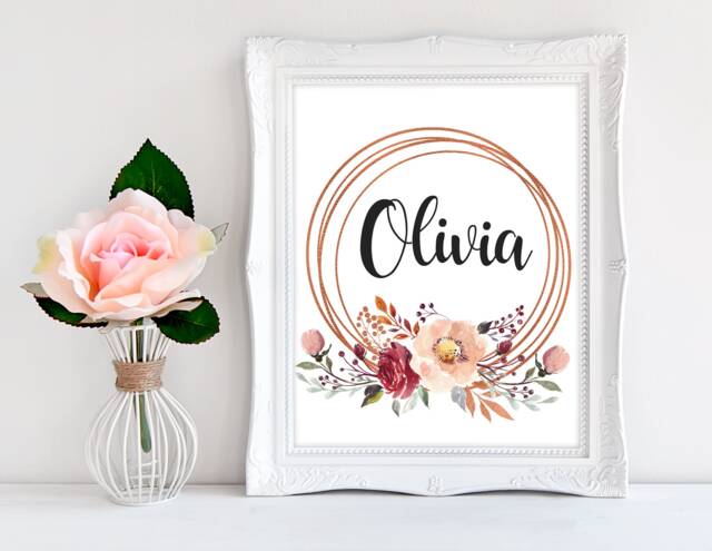 Girls Wall Print, Geometric, Gold Decor, Nursery Name Sign, Watercolour Floral Wreath, Personalised Gift, Rose - image 1