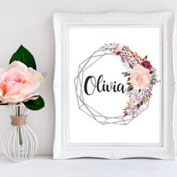 Girls Wall Print, Geometric, Gold Decor, Nursery Name Sign, Watercolour Floral Wreath, Personalised Gift, Rose - thumbnail 3