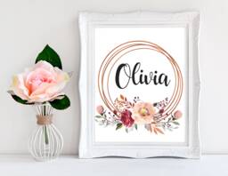 Girls Wall Print, Geometric, Gold Decor, Nursery Name Sign, Watercolour Floral Wreath, Personalised Gift, Rose - thumbnail 1