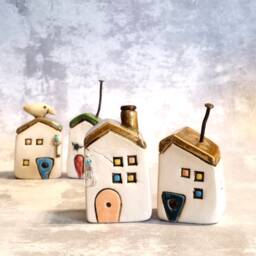 Set Of Two Tiny Ceramic Houses, Rustic Clay Home Miniatures, Beach House Decor, Office Christmas Gift, Art Gift - thumbnail 3