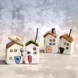 Set Of Two Tiny Ceramic Houses, Rustic Clay Home Miniatures, Beach House Decor, Office Christmas Gift, Art Gift - thumbnail 1