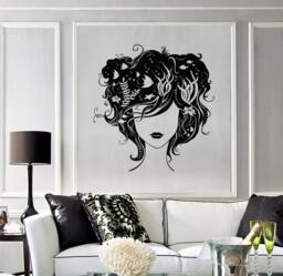 Wall Vinyl Decal Hair Beauty Girl With Beautiful Flowers & Face Guaranteed Quality 2202Di - thumbnail 1
