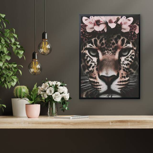 Leopard Face With Pink Floral Crown Quirky & Exotic Wall Art Print - image 1