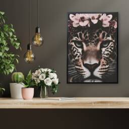 Leopard Face With Pink Floral Crown Quirky & Exotic Wall Art Print - thumbnail 1