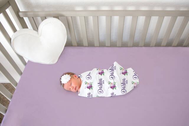 Purple Floral Personalized Swaddle, Baby Girl Bow Blanket, Custom Name Hospital Shower Gift, Toddler - image 1