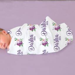 Purple Floral Personalized Swaddle, Baby Girl Bow Blanket, Custom Name Hospital Shower Gift, Toddler - thumbnail 2