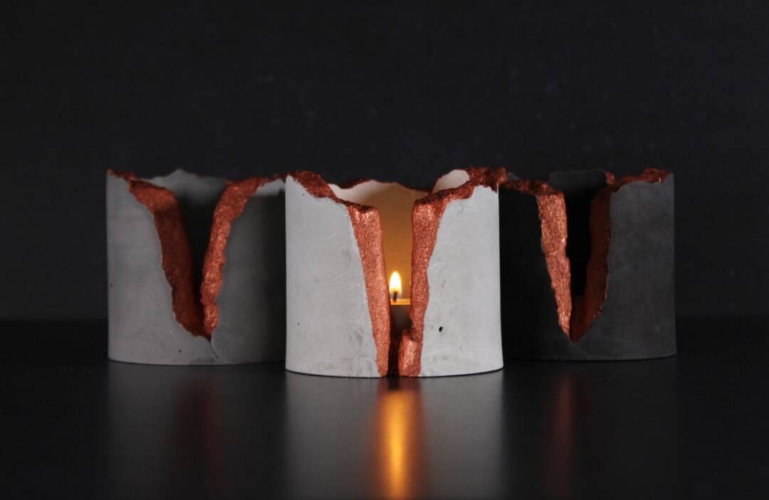 Lava Concrete Tealight Holder Charcoal Copper Accent, Modern
