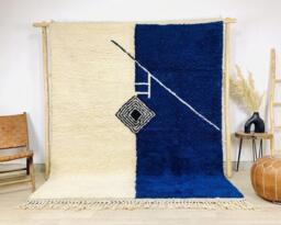Royal Blue & Cream Color Block Moroccan Rug, Abstract Geometric Berber Carpet, Large Handmade Wool Shag Modern Minimalist Decor