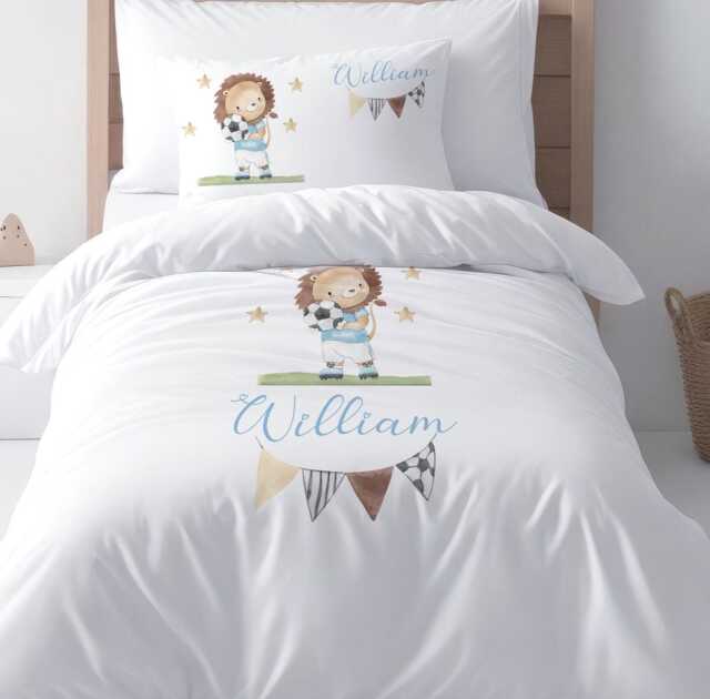 Customised Football Duvet Cover With Personalised Pillow Case, Lion Soccer Design Quality Boys Bedding - image 1