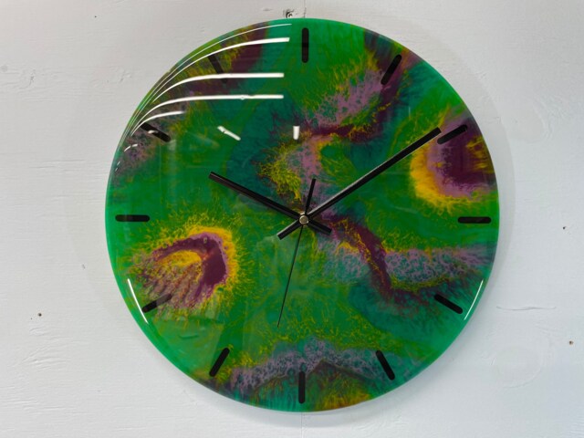 33cm Dark Green & Purple Modern Resin Wall Clock, Unusual Abstract Clock - image 1