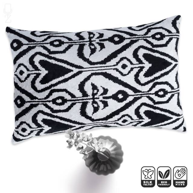 Traditional Black & White Silk Velvet Throw Pillow Cover 40x60cm - 16x24 Inches - Front Is 100% Velvet, Backside Soft Fabric - image 1