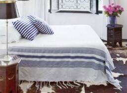 Handmade Moroccan Cotton Bedding Sheet, Blue Stripe, Soft Blanket
