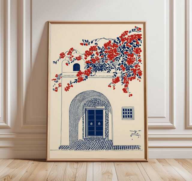 Moroccan Blue Door Wall Art Print, Mediterranean Architecture Poster, Boho Travel Decor With Red Flowers, Artwork - image 1