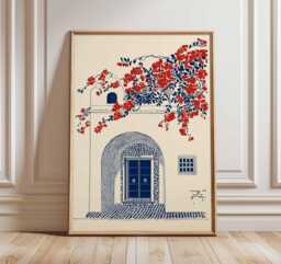 Moroccan Blue Door Wall Art Print, Mediterranean Architecture Poster, Boho Travel Decor With Red Flowers, Artwork - thumbnail 1