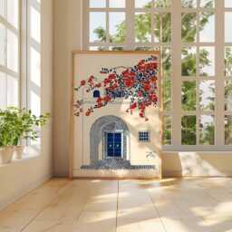 Moroccan Blue Door Wall Art Print, Mediterranean Architecture Poster, Boho Travel Decor With Red Flowers, Artwork - thumbnail 3