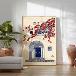 Moroccan Blue Door Wall Art Print, Mediterranean Architecture Poster, Boho Travel Decor With Red Flowers, Artwork - thumbnail 2