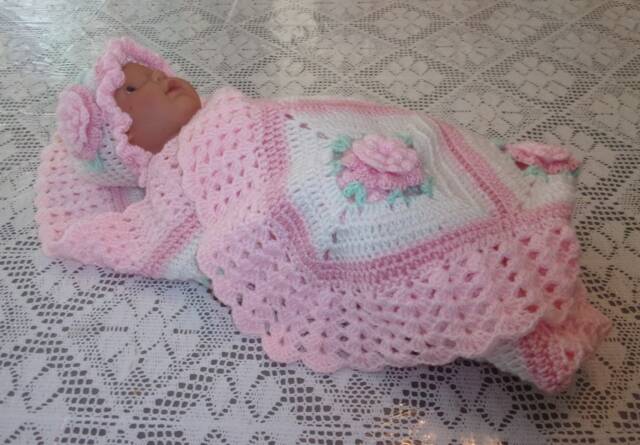 Crochet Pink/White Baby Girl 3D Flower Blanket For Bassinet Or Carrier/Carseat & Matching Hat Perfect For Shower Coming Home Gift - image 1