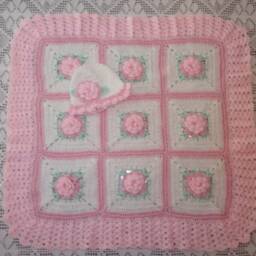 Crochet Pink/White Baby Girl 3D Flower Blanket For Bassinet Or Carrier/Carseat & Matching Hat Perfect For Shower Coming Home Gift - thumbnail 2