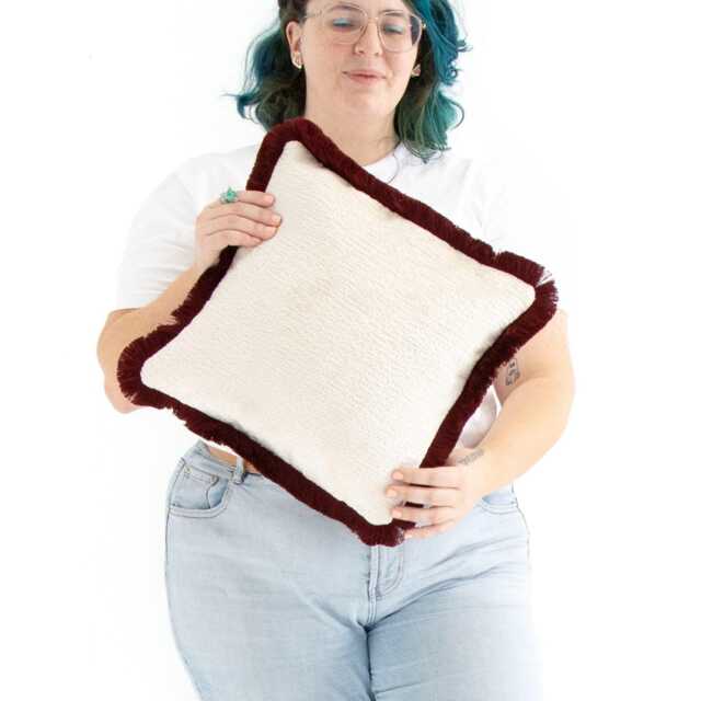 Sangria Red Handmade Cushion Cover Only With Cotton Fringe - image 1