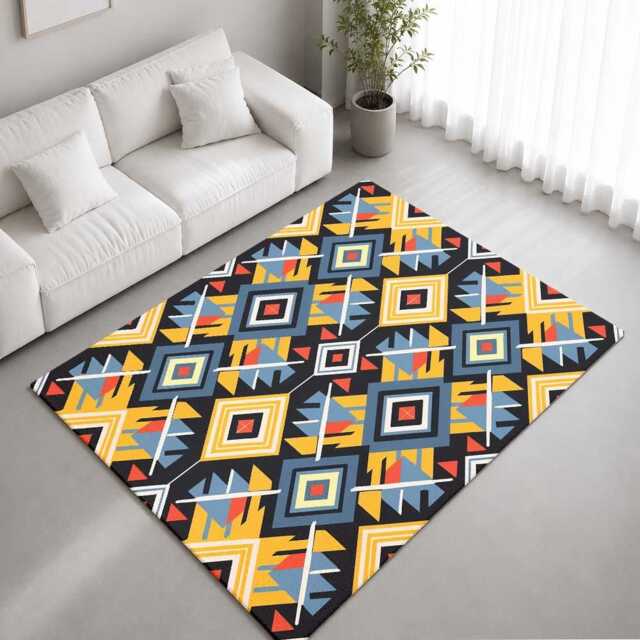 Black Gold Blue Tribal Diamond Rug Non-Slip Soft Area Carpet Bedroom Living Room Hallway Mat Decor - Made in UK - image 1