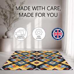 Black Gold Blue Tribal Diamond Rug Non-Slip Soft Area Carpet Bedroom Living Room Hallway Mat Decor - Made in UK - thumbnail 2