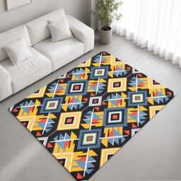 Black Gold Blue Tribal Diamond Rug Non-Slip Soft Area Carpet Bedroom Living Room Hallway Mat Decor - Made in UK