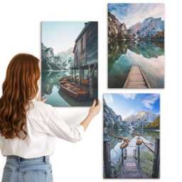 3 Piece Canvas Set - A Quiet Lake in The Mountains With Wooden Boats, Blue Print, Landscapes Wall Decor - thumbnail 3