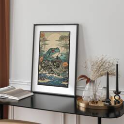 Japanese Frog Wall Art Print Ocean Scene Bathroom Living Room Decor Zen Asian Style Artwork Nature Coastal Home Meditation Space - thumbnail 1