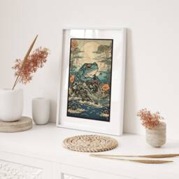 Japanese Frog Wall Art Print Ocean Scene Bathroom Living Room Decor Zen Asian Style Artwork Nature Coastal Home Meditation Space - thumbnail 2