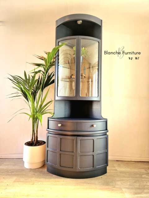 Tall Nathan Mid Century Modern Corner Drinks Cabinet - Refinished Blue Cocktail Display Unit With Lighting - image 1