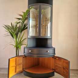Tall Nathan Mid Century Modern Corner Drinks Cabinet - Refinished Blue Cocktail Display Unit With Lighting - thumbnail 2