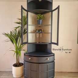 Tall Nathan Mid Century Modern Corner Drinks Cabinet - Refinished Blue Cocktail Display Unit With Lighting - thumbnail 4