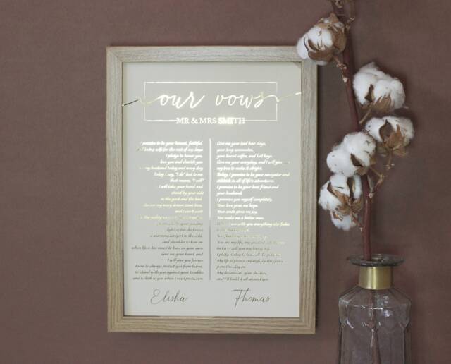 Wedding Vows Print Wall Art, Metallic His & Hers Vows, Personalised Marriage Poster in Foil, First Anniversary Gift - image 1