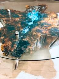 Custom Made Solid Wood, Resin & Glass Coffee Table With Led Backlight Top