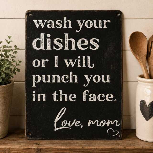 Funny Kitchen Sign, Wash Your Dishes Metal Humorous Wall Decor, Gift For Mom, Teenager, Rustic Plaque - image 1