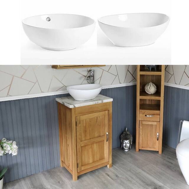 Cloakroom Bathroom Vanity Unit Oak Wash Stand White Marble Ceramic Basin 308Wmcbc - image 1