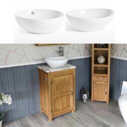 Cloakroom Bathroom Vanity Unit Oak Wash Stand White Marble Ceramic Basin 308Wmcbc