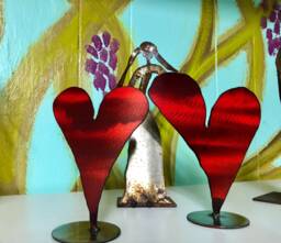 steel Heart Sculptures - Two Large Hearts On One Base