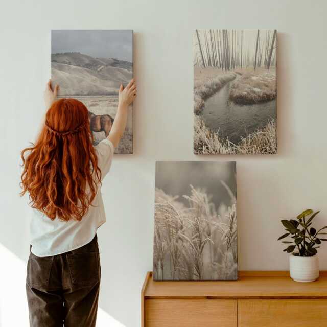 Canvas Art Set Of 3 - Horses in A Landscape Grasses & Winter Stream, Beige Picture Print, Landscapes Wall Decor - image 1